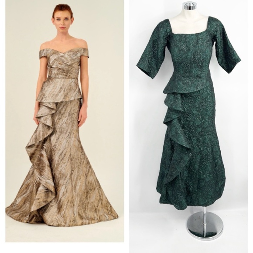 John Paul Ataker Jaquard 3/4 Sleeve Side Ruffle Gown Green jpa 7144-2216 size 14